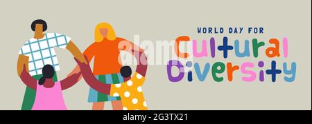 World Day for cultural diversity web banner illustration of diverse people holding hands together. Ethnic mix friend group concept, 21 may holiday eve Stock Vector