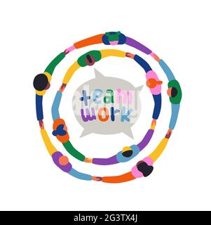 Teamwork illustration concept of colorful diverse people group holding hands together in big round circle. Different culture community, business partn Stock Vector