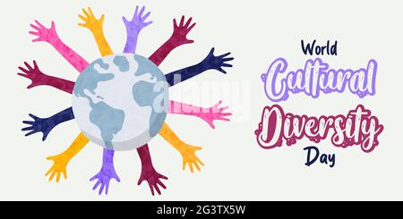 World Cultural Diversity Day web banner illustration of diverse people hands from around the planet raised up together. Stock Vector