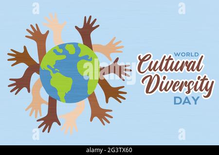 World Cultural Diversity Day greeting card illustration of diverse people hands from around the planet raised up together. Stock Vector
