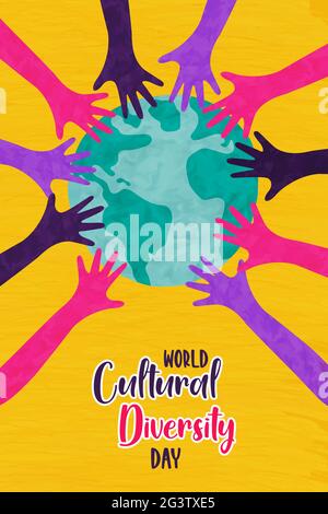 World Cultural Diversity Day greeting card illustration of colorful people hands together for international culture community concept. 21 may ethnic c Stock Vector
