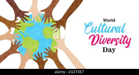 World Cultural Diversity Day greeting card illustration of diverse people hands from around the planet together. Stock Vector