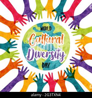 World Cultural Diversity Day greeting card illustration of colorful people hands raised up together. International culture social help concept. 21 may Stock Vector