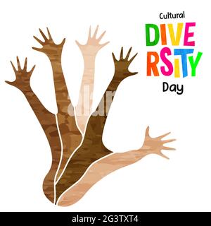 World Cultural Diversity Day greeting card illustration of diverse people hands from different cultures raised up together. Stock Vector