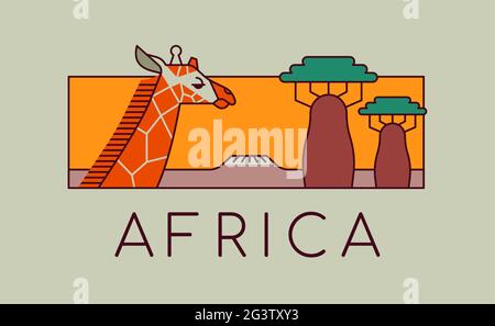 Africa travel landscape illustration of wildlife safari scene in modern flat cartoon outline style. Wild giraffe animal with baobab tree background. Stock Vector