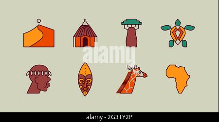 Set of african culture icons in modern flat outline cartoon style. Trendy geometric line symbol collection includes tribe man, mask, giraffe and conti Stock Vector