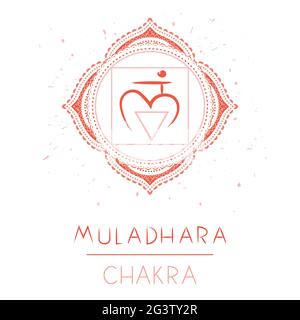 Vector illustration with symbol chakra Muladhara on white background. Circle mandala pattern and hand drawn lettering. Stock Vector