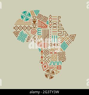 Africa continent map shape illustration concept made of traditional african culture decoration and colorful tribal art symbol on isolated background. Stock Vector