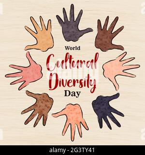 World Cultural Diversity Day greeting card illustration of diverse people hands from different cultures raised up together for teamwork concept. Stock Vector