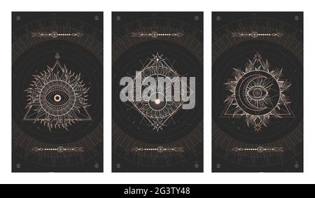 Vector set of three dark illustrations with sacred geometry symbols and grunge textures. Images in black and gold colors. Stock Vector