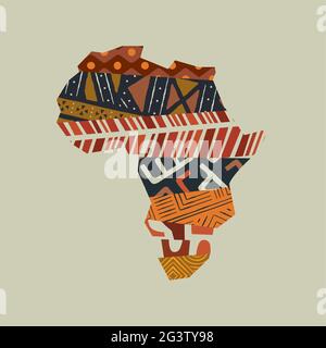 Africa continent map shape illustration concept made of traditional african culture decoration and colorful tribal art texture on isolated background. Stock Vector