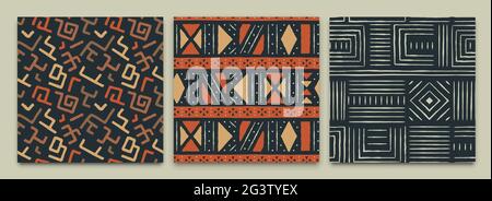 Abstract african art style seamless pattern set. Hand drawn tribal decoration background collection with boho doodle shapes and ethnic symbols. Stock Vector