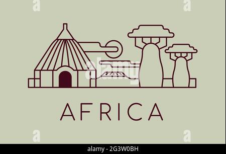 Black and white africa travel concept illustration of traditional african landscape with mud house, baobab tree. Simple outline cartoon on isolated ba Stock Vector