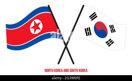North Korea and South Korea Flags Crossed And Waving Flat Style. Official Proportion. Correct Colors. Stock Vector