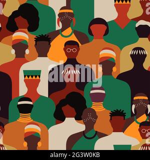 Diverse african culture people crowd seamless pattern illustration in modern flat cartoon style. Black social community background from africa tribes. Stock Vector