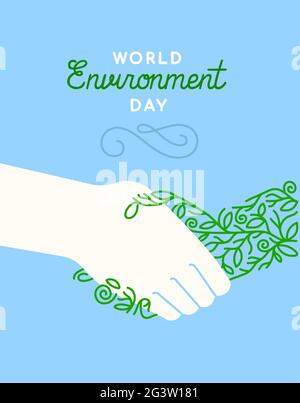 World Environment Day greeting card illustration of people hands doing hand shake gesture with green plant for nature help event on june 5. Stock Vector