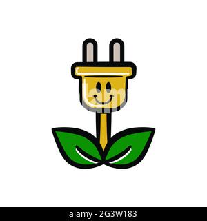 Eco friendly clean energy illustration concept of funny retro cartoon charater. Green technology wire plug with plant leaf on isolated background. Stock Vector