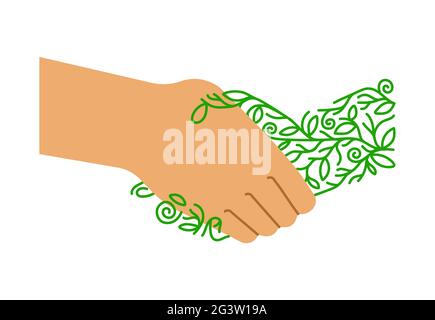 People hands doing handshake gesture together with nature plant leaf hand for earth care or eco friendly campaign. Isolated white background cartoon i Stock Vector