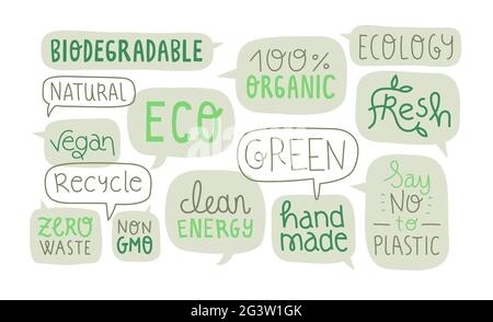 Green eco friendly text quote sign set on isolated white background. Modern hand written lettering labels include biodegradable, vegan, organic and cl Stock Vector