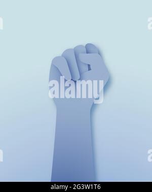 Human hand raised up with clenched fist in realistic 3D paper cut craft style. Layered papercut concept on isolated background. Stock Vector