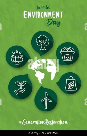 World Environment Day greeting card illustration for nature care concept with modern green line icon. Includes waste recycle, solar power and clean en Stock Vector