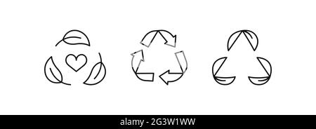 Green recycle icon set on isolated white background. Modern flat line symbol collection for waste recycling or eco friendly garbage cycle concept. Stock Vector
