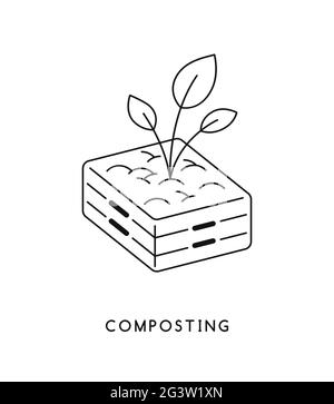 Composting box bin with plant leaf icon. Modern flat line symbol on isolated white background for home waste recycling or nature care concept. Stock Vector