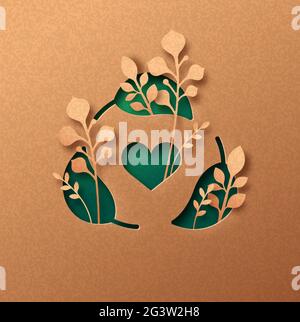 Recycle leaf sign papercut illustration concept with green plant leaves growing inside. 3D recycling love cutout craft design in recycled paper backgr Stock Vector