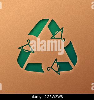 Recycle clothes papercut illustration concept with green clothing hanger arrow symbol. 3D Upcycling cutout craft design in recycled paper background. Stock Vector