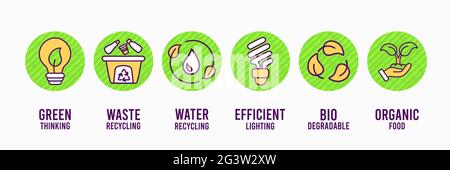 Eco friendly lifestyle flat line icon set, modern outline environment care symbol collection on isolated background. Includes water recycle, clean ene Stock Vector