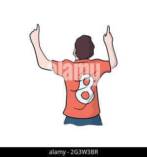Male soccer football player pointing up to the sky hand drawn with black lines isolated on white background illustration vector Stock Vector