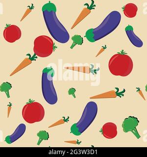 Vegetables pattern from fresh  tomatoes, broccoli  , carrots, eggplants  on a beige  background. creative summer  vegetable concept. Stock Vector