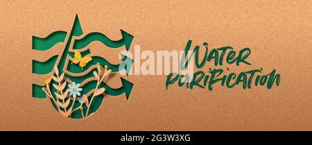 Water purification papercut banner illustration concept with green plant leaves growing inside liquid drop. 3D filter treatment cutout craft design in Stock Vector