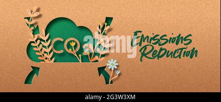 CO2 air pollution emission reduction papercut web banner concept. Green eco friendly carbon dioxide sign in 3d paper cut craft style with plant leaf a Stock Vector