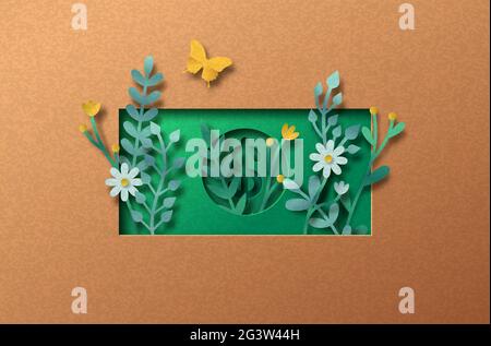 Sustainable economy papercut illustration with plant leaf and flower inside dollar. Eco-friendly business symbol, circular finance concept. 3D cutout Stock Vector