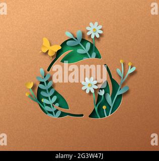 Biodegradable leaf sign papercut illustration concept with green plant leaves growing inside. 3D recycling love cutout craft design in recycled paper Stock Vector