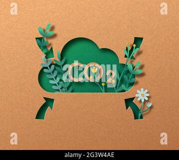 CO2 air pollution emission reduction papercut illustration concept. Green eco friendly carbon dioxide sign in 3d paper cut craft style with plant leaf Stock Vector