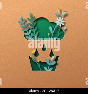 Rainwater harvesting papercut illustration concept with green plant leaves growing inside cloud. 3D rain water recycling cutout craft design in recycl Stock Vector