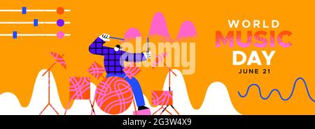 World Music day event banner illustration of man musician character playing drums with creative musical decoration shapes. June 21 holiday celebration Stock Vector