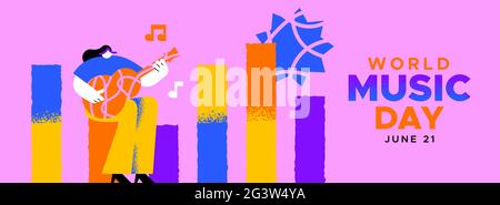 World Music Day web banner illustration of woman musician playing guitar in modern colorful flat cartoon style. Trendy musical holiday event design fo Stock Vector