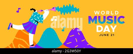 World Music day event banner illustration of girl musician character playing clarinet with creative musical decoration shapes. June 21 holiday celebra Stock Vector