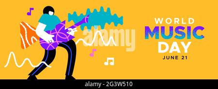 World Music Day web banner illustration of man musician playing electric guitar in modern colorful flat cartoon style. Trendy musical holiday event de Stock Vector