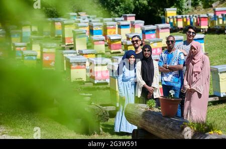 People group visiting local honey production farm Stock Photo