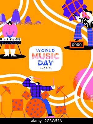 World Music Day poster illustration of people musician band playing diverse instruments with creative colorful sound shapes. Trendy musical holiday ev Stock Vector