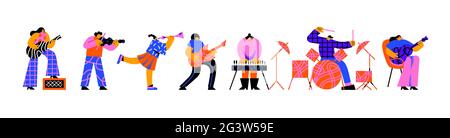 Set of diverse young people playing different musical instruments on isolated white background. Colorful modern art style cartoon band character colle Stock Vector