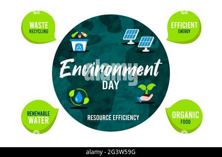 Environment Day infographic template illustration of earth circle chart wih modern flat nature icons. Includes organic food, clean energy and recycle Stock Vector