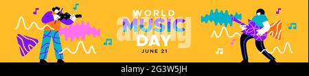 World Music Day web banner illustration of man musician playing violin in modern colorful flat cartoon style. Trendy musical holiday event design for Stock Vector