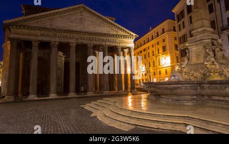 Illuminated Pantheon in Rome by night. One of the most famous historic landmark in Italy. Stock Photo