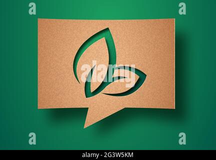 Bio leaf sign isolated papercut illustration concept with green plant leaves. 3D environment care cutout craft design in recycled paper speech balloon Stock Vector