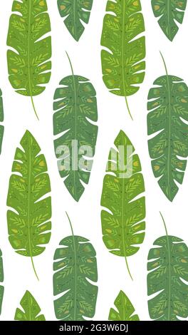 Tropical pattern with banana and palm leaves and folk pattern on white background. Natural vertical vector texture with foliage. Jungle wallpaper with Stock Vector